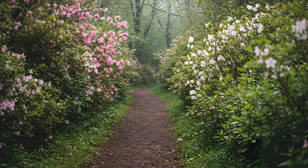 Scenic pathway through blooming azalea bushes pink white flowers nature on transparent background