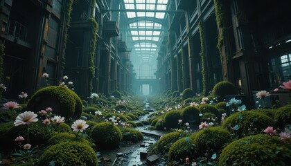 Overgrown Industrial Building with Lush Moss and Flowers A Surreal Scene of Nature Reclaiming Urban Decay