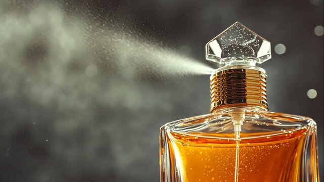 Amber perfume in a glass bottle spraying a fine mist.