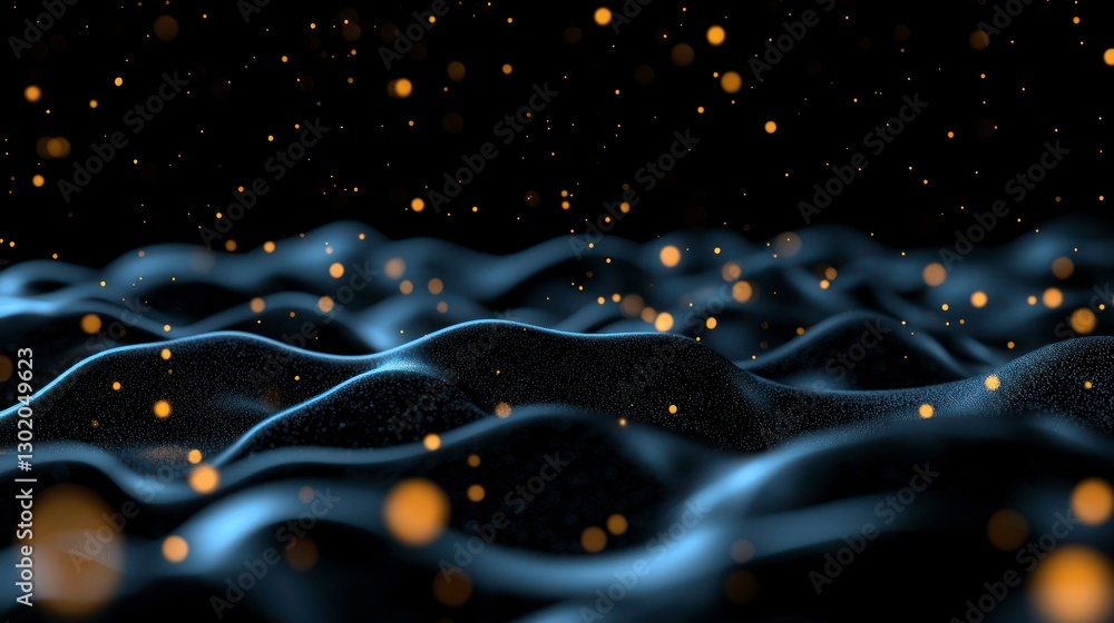 Poster abstract golden particles floating over a wavy dark surface background design concept scene