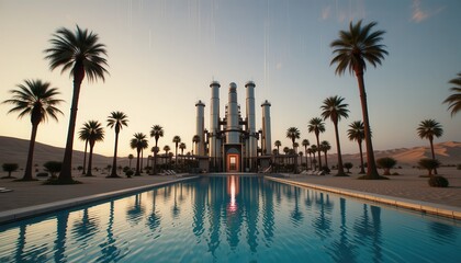 Fototapeta premium Futuristic Desert Oasis Resort with Swimming Pool and Palm Trees at Sunset