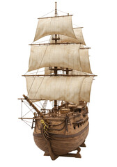Naklejka premium Detailed Model Of A Vintage Sailing Vessel With Multiple White Sails And Intricate Woodwork Design