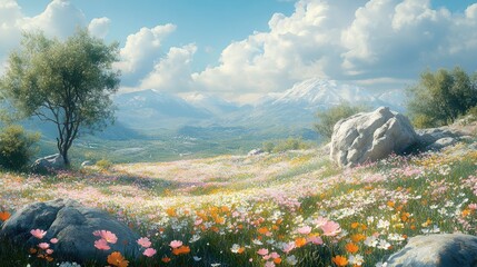 Sunny meadow with wildflowers, mountains, and trees.  Ideal for desktop background, greeting cards, or nature themes.