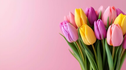 Obraz premium Bouquet of Tulips in Bloom Featuring Yellow Pink and Purple Colors Against a Solid Background
