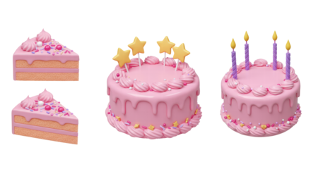 3D Birthday cake icon set with candles and decorations. Pink cake emoji. Party surprise. Holiday food. Pastel color. Cartoon creative design icons isolated on white background. 3D Rendering