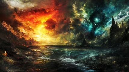 Obraz premium Fiery and Teal Fantasy Landscape: A Digital Painting of a Dramatic Battle Between Two Worlds