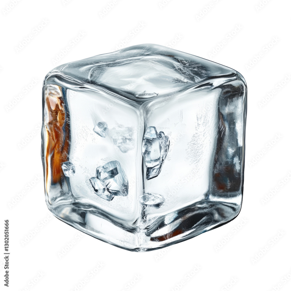 Poster crystal clear cube of ice floating in a refreshing drink with sparkling bubbles and a bright backgro