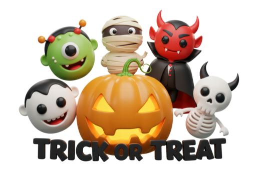 Halloween character background design. Happy halloween trick or treat text with scary, spooky and creepy mascot characters in cute facial expression.