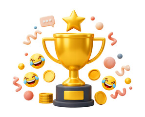 3D Trophy cup with floating chat box, emoji, ribbon and geometric shapes on purple background.