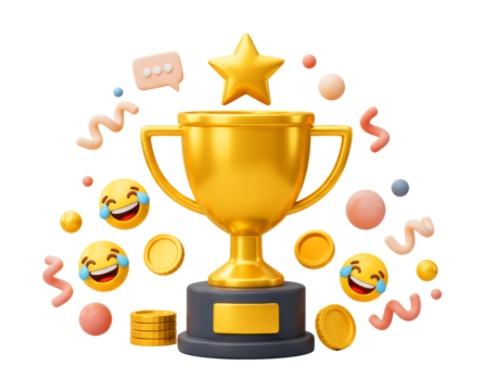 3D Trophy cup with floating chat box, emoji, ribbon and geometric shapes on purple background.