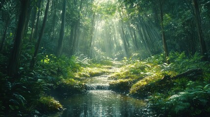 Fototapeta premium A serene forest bathed in golden light filters through emerald leaves, where a tranquil stream meanders amidst nature's harmony, casting an ethereal glow on the vibrant landscape