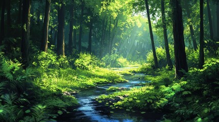 Naklejka premium Vibrant digital forest illustration; lush greens cascade under dappled sunlight filtering through majestic trees, casting serene shadows on sparkling streams below. Peaceful ambiance with thriving flo
