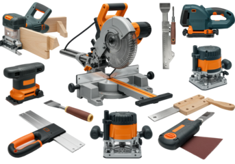 Professional Carpentry Tools Including Miter Saw, Jigsaw, and Router on Transparent Backgrounds
