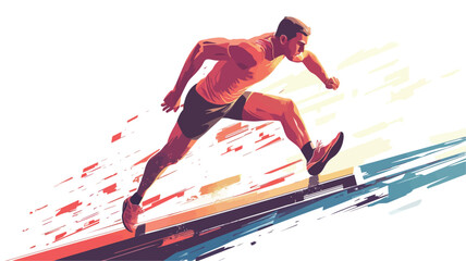 Vector illustration of a male athlete mid-sprint.  The style is stylized and dynamic, with a predominantly red and orange color palette. The background is an abstract representation of motion blur,