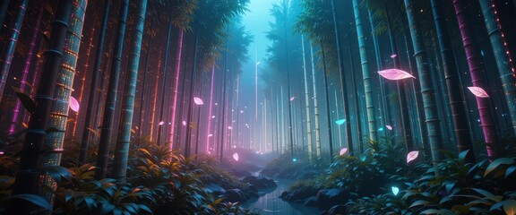 Enchanting Neon Bamboo Forest with Glowing Leaves and Stream Digital Art Fantasy Nature Scene
