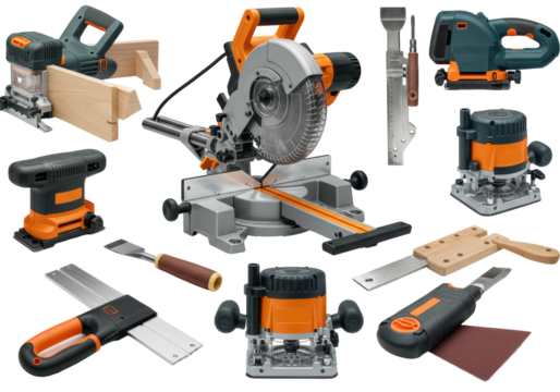 Professional Carpentry Tools Including Miter Saw, Jigsaw, and Router on Transparent Backgrounds