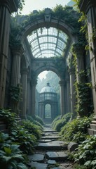 Overgrown Ruins Pathway Leading to Glass Dome Structure Ancient Architecture Stone Pathway Lush Greenery
