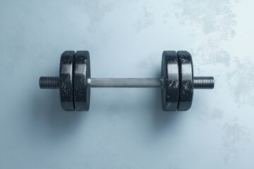 Naklejka premium A solitary dumbbell resting on a blue textured background surface