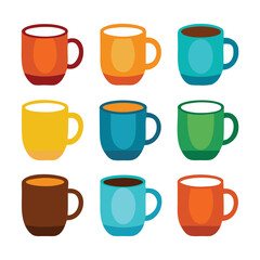 set of 9 ceramic mug icons of vector illustration isolated on a white background