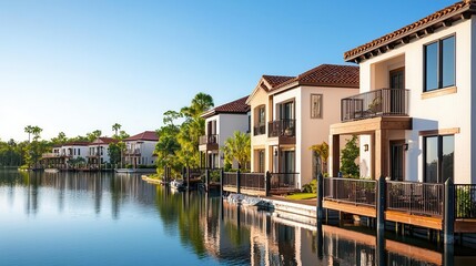 Obraz premium Waterfront townhomes with private docks and marina access, Real Estate TownhouseTownhome, luxury coastal living