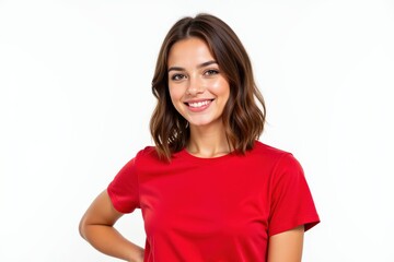 Fototapeta premium Smiling Young Woman with Brown Hair in Red T-Shirt Posing Against White Background, Exuding Confidence and Joy