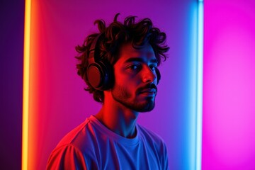 Young male with curly hair, wearing headphones, illuminated by colorful neon lights in a modern indoor setting, intently listening to music or audio for relaxation or inspiration
