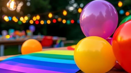 Pride Celebration Balloons and Outdoor Party under String Lights Festive Gathering 85 Characters