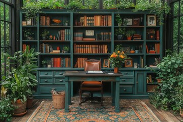 Rustic Greenhouse Study with Bookshelves