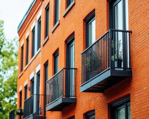 Obraz premium Classic Europeanstyle townhomes with brick facades and wrought iron balconies, Real Estate TownhouseTownhome, timeless architectural charm