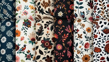 assorted floral pattern fabric rolls stacked texture close-up