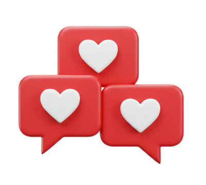 Set of heart in speech bubble icon isolated on a white background. Love like heart social media notification icon. Emoji, chat and Social Network. 3d rendering, 3d illustration
