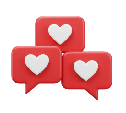 Set of heart in speech bubble icon isolated on a white background. Love like heart social media notification icon. Emoji, chat and Social Network. 3d rendering, 3d illustration