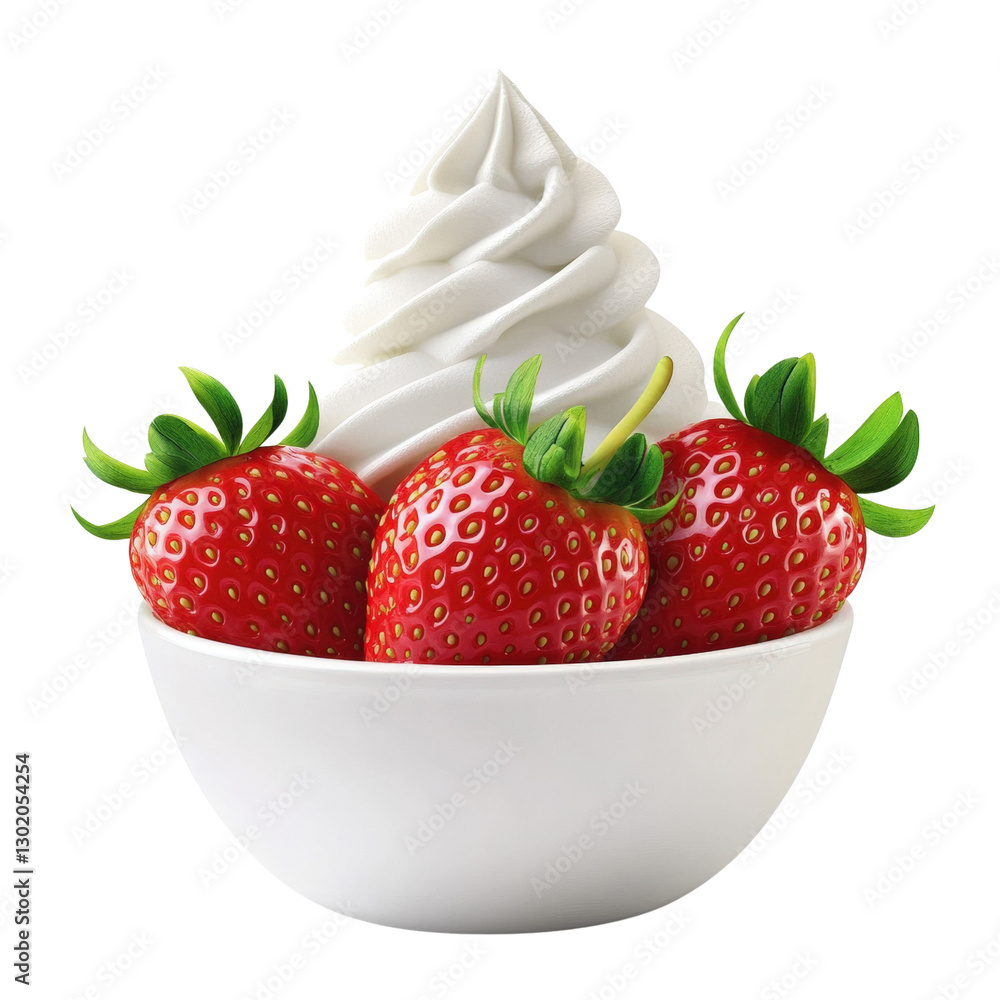 Poster juicy strawberries topped generously with light whipped cream creating a tempting dessert display on