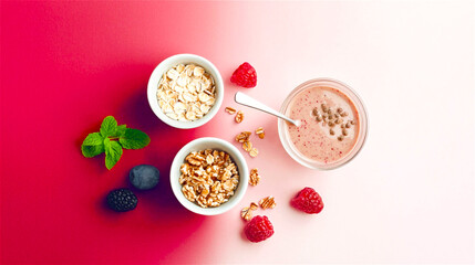 Healthy food concept. A green, pink bowl with oats meal, raspberries, and blackberry on a pink background. Generative AI.