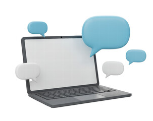 Business online communication. 3D laptop icon render. Speech bubble with notebook.