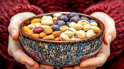 Healthy food concept. Hand holding a bowl of a variety of nuts. Generative AI.