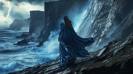 Woman in blue gown on stormy cliff, looking out at rough sea, fantasy scene, possible use for a fantasy novel cover, or digital art showcase