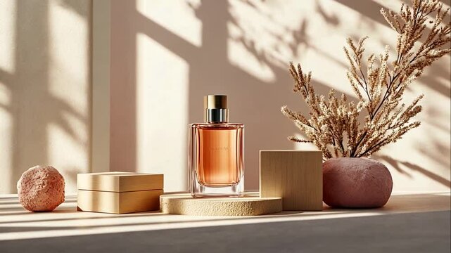 Perfume bottle on wooden display with dried flowers and textured decor.