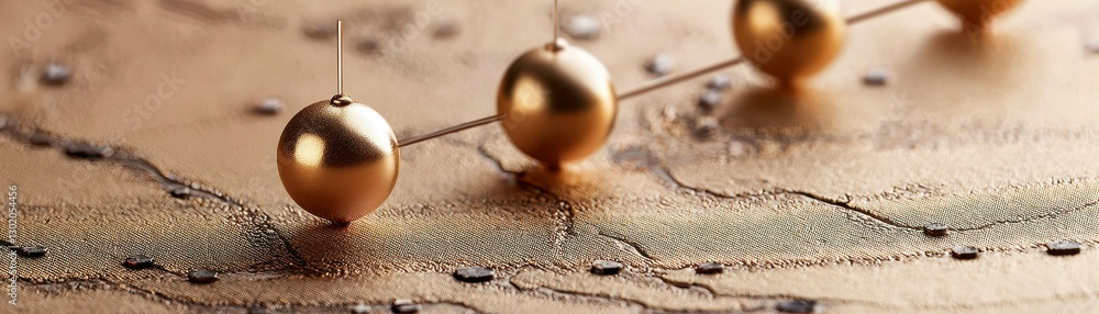 Poster golden orbs on abstract topographic map connected by fine lines implying networked geolocation