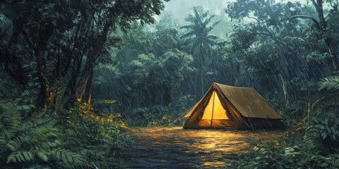 A dark brown tent stands resolute against a rainy backdrop, its flaps slightly lifted to the left as water droplets cascade down the canvas, creating rippling shadows that add depth and realism. The r