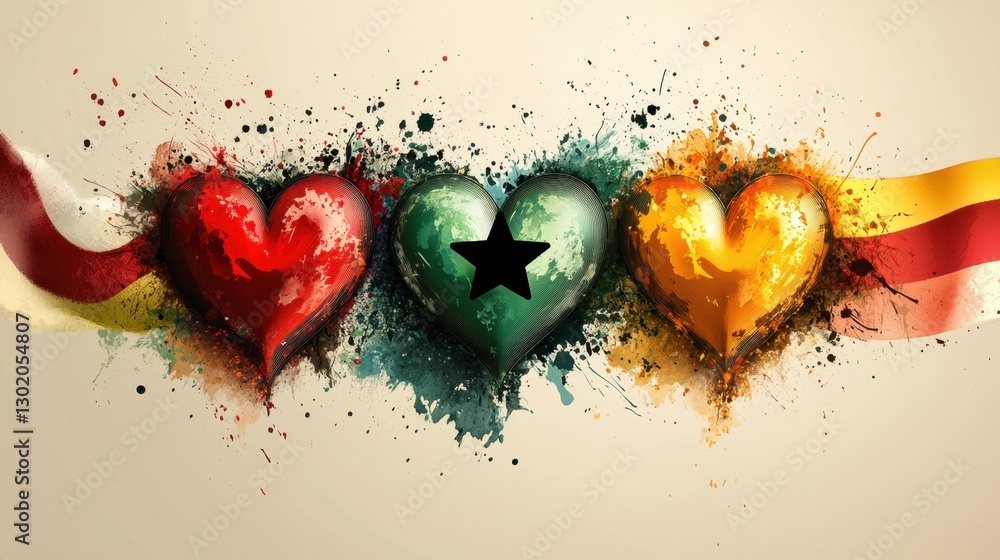 Poster vibrant and colorful hearts representing unity and diversity in art with explosion effects