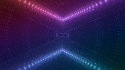 blau violett leuchtende pfeilförmige Lichtpunkte, digitaler Datentransfer, KI, AI, Internet, Energie, Datenfluss, Technologie, Wissenschaft, Forschung, Algorithmus, Hintergrund, Zentrum, Mitte