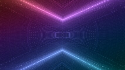 blau violett leuchtende pfeilförmige Lichtpunkte, digitaler Datentransfer, KI, AI, Internet, Energie, Datenfluss, Technologie, Wissenschaft, Forschung, Algorithmus, Hintergrund, Zentrum, Mitte