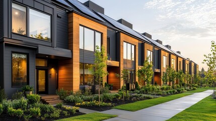 Obraz premium Townhomes with solar energy and green building certifications, Real Estate TownhouseTownhome, ecoconscious investments