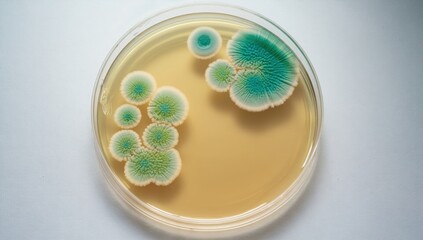 Colorful Mold Growth on Petri Dish with Soft Green and Blue Shades