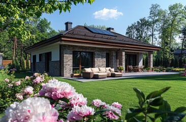 Fototapeta premium A modern family house surrounded by green grass and blooming flowers