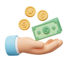 3D Hand holding dollar banknote with coin.