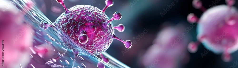 Poster detailed microscopic view of cells and viruses in a microfluidic environment with selective focus