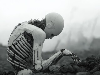 Bleak Android Cries Out In Despair on Barren Earth, Symbolic of Artificial Intelligence, Future Concepts.