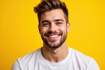 Fototapeta premium A Smiling Young Caucasian Male with Short Brown Hair and a Beard Posing Against a Bright Yellow Background, Exuding Happiness and Confidence